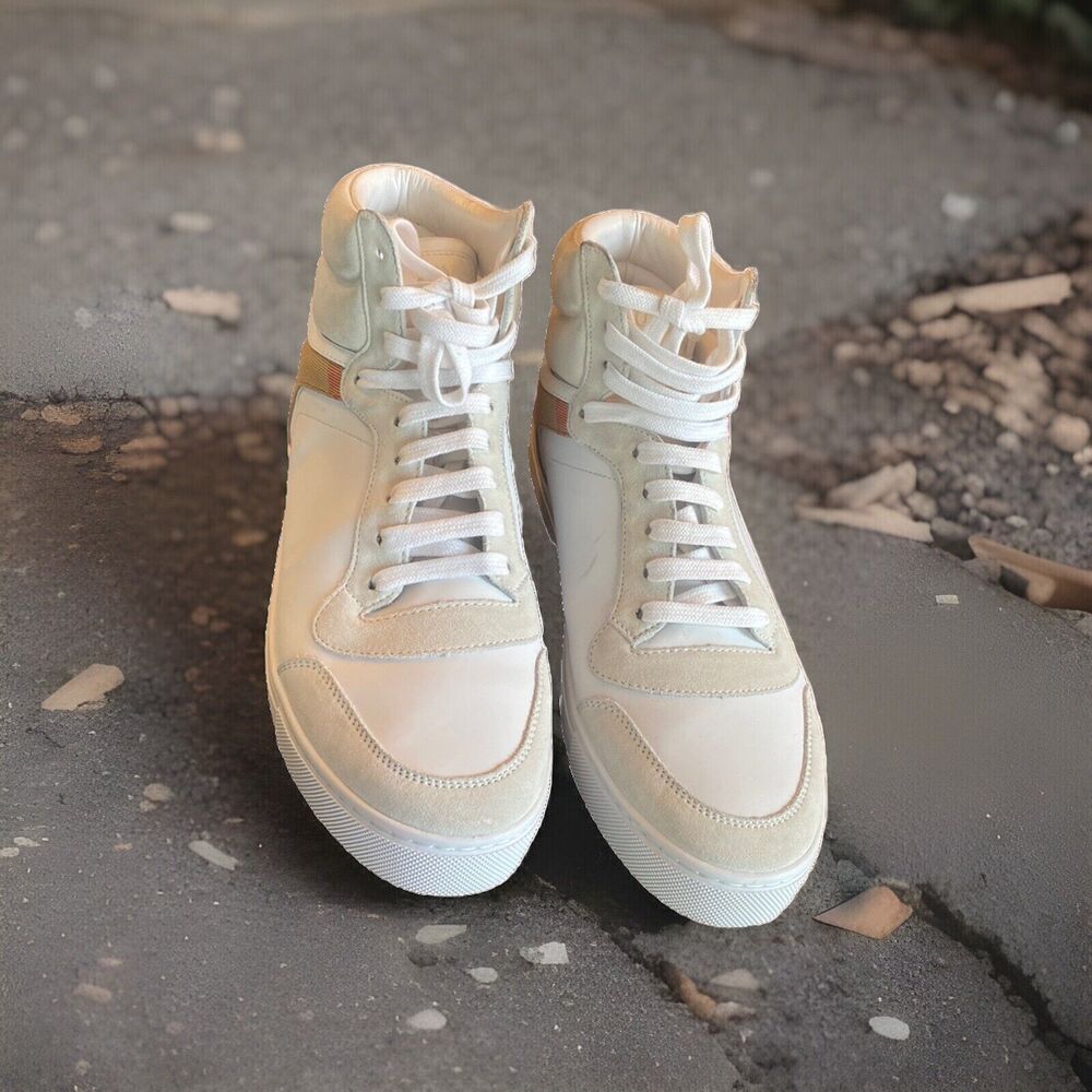 Burberry - Men's Reeth Leather House Check High-Top Sneakers White Size 12 - Picture 3 of 16